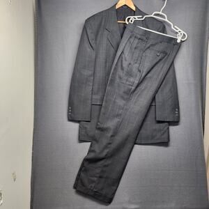 Mens Gray Suit 42L 33W Windowpane Plaid Jacket Pants Pleated Cuff Gianni Vironi